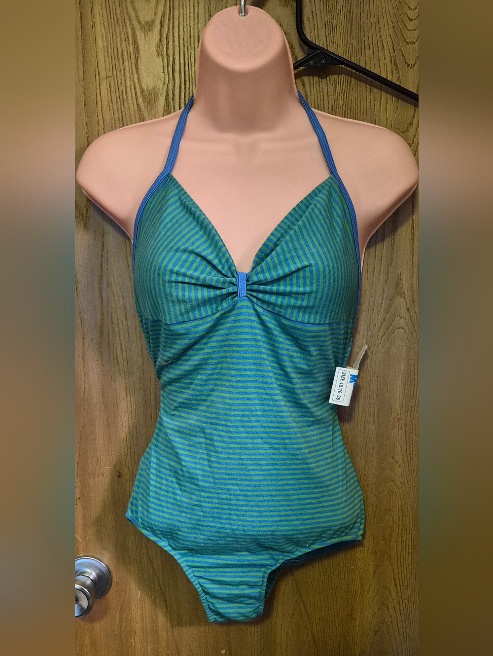 Vintage Swim Suit One Piece NOS Monterey Cotton Blue Green Stripe 15/16 38 L Xl
